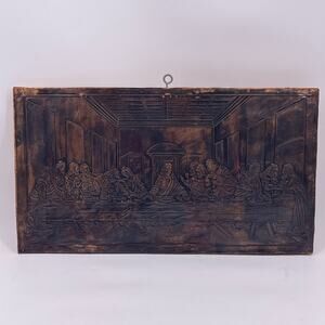 Embossed LAST SUPPER on Copper Tin 20x11 inches Mounted Nailed on Wood Vintage